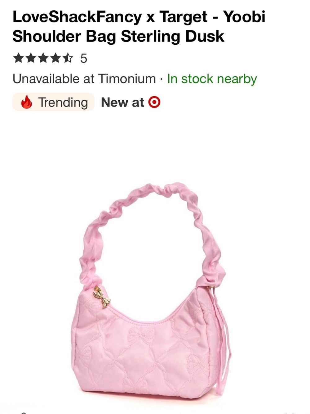 LoveShackFancy x Target Light Pink Quilted Shoulder Bag with Ruched Strap